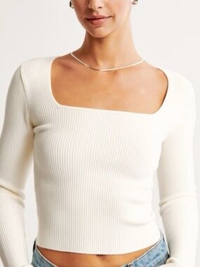 Abercrombie & Fitch Cream Ribbed Square-Neck Long Sleeve Top